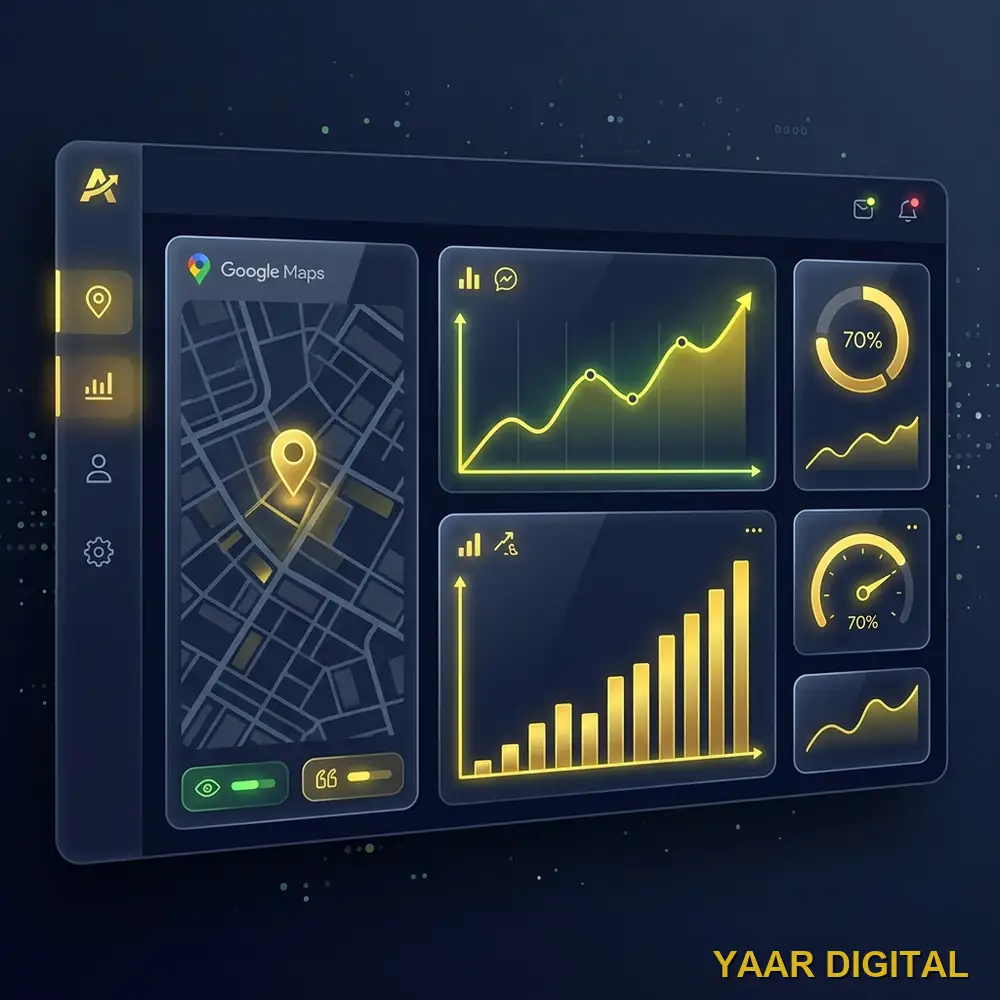 Premium Google Maps Optimization Dashboard showing high ROI local SEO ranking metrics and map pin for Yaar Digital clients.